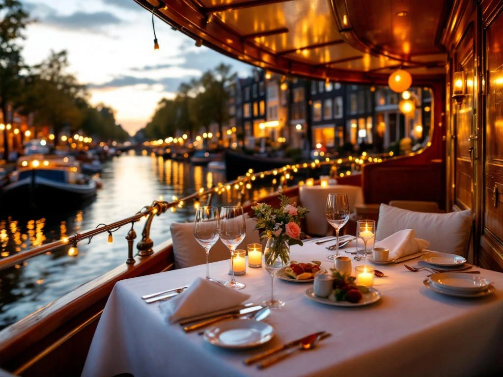 Luxe zakendiner op elegante grachtenboot in Amsterdam bij zonsondergang met gedekte tafel en historische grachtenpanden