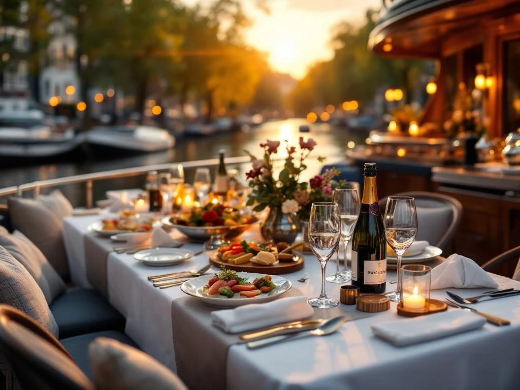 Luxe bootdek met gedekte tafel en gastronomisch diner op Amsterdamse grachten tijdens gouden uur
