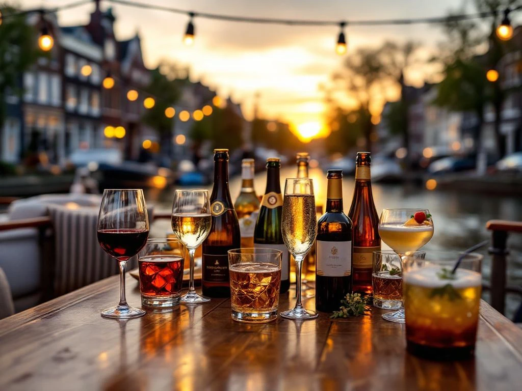 Luxe bootdek met premium drankjes op Amsterdamse grachten tijdens gouden uur, met wijnglazen en historische panden