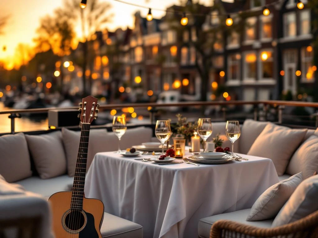 Luxe bootdek met fine dining opstelling op Amsterdamse gracht bij zonsondergang, akoestische gitaar en grachtenpanden