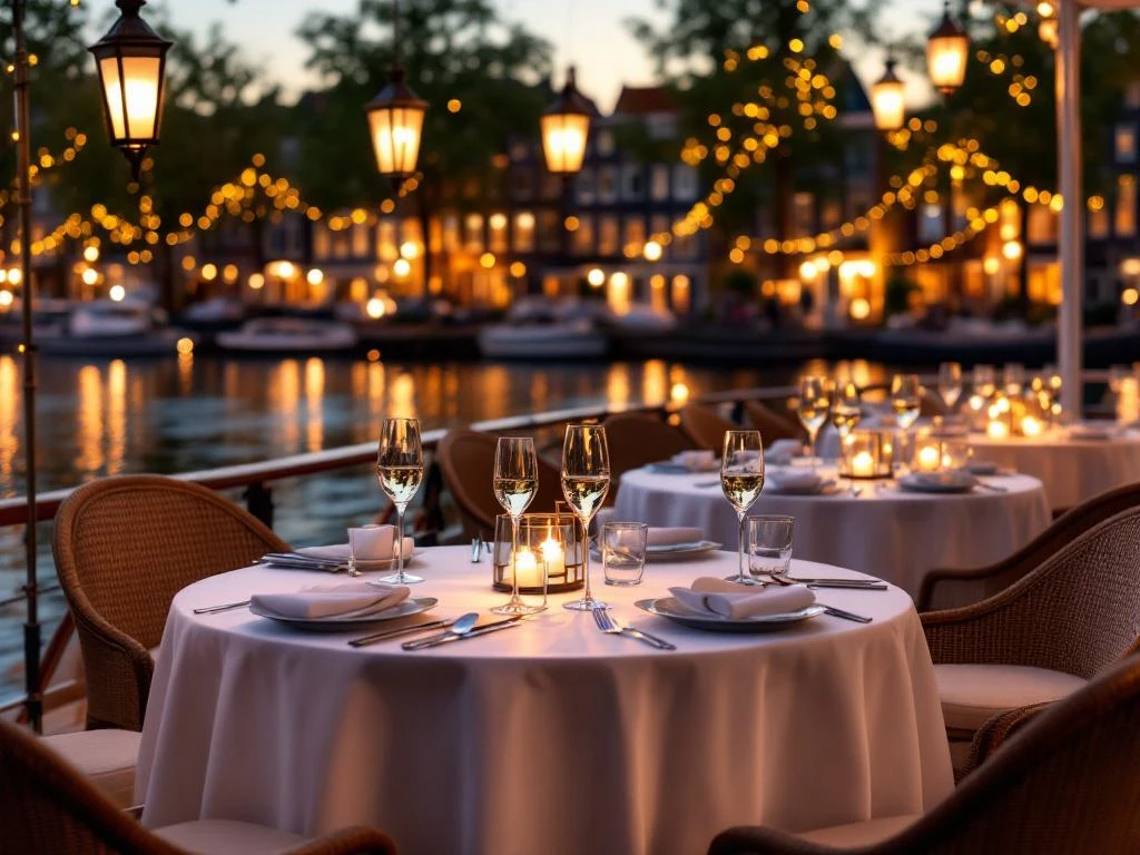 Luxe bootdek met gedekte tafels voor netwerkevenement op Amsterdamse grachten tijdens gouden uur