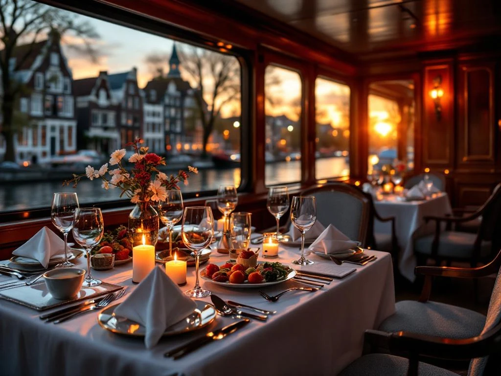 Luxe diner aan boord van elegante grachtenboot in Amsterdam bij zonsondergang met gedekte tafel en historische grachtenpanden