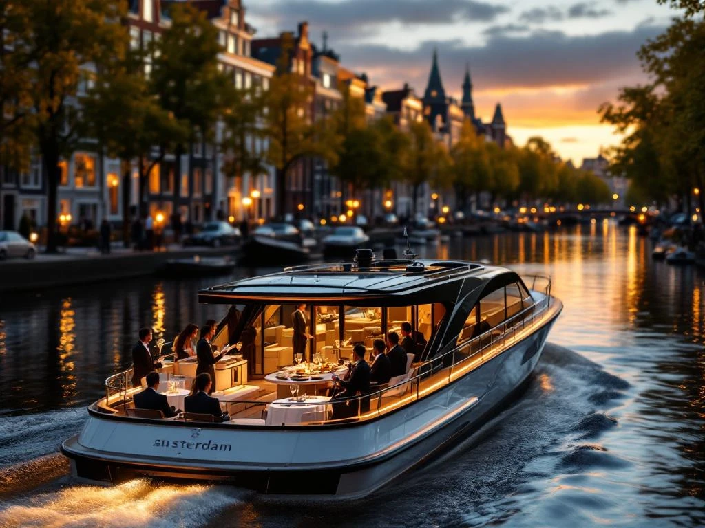 Luxe kanalboot met zakelijke netwerkborrel vaart door Amsterdamse grachten tijdens gouden uur met historische panden
