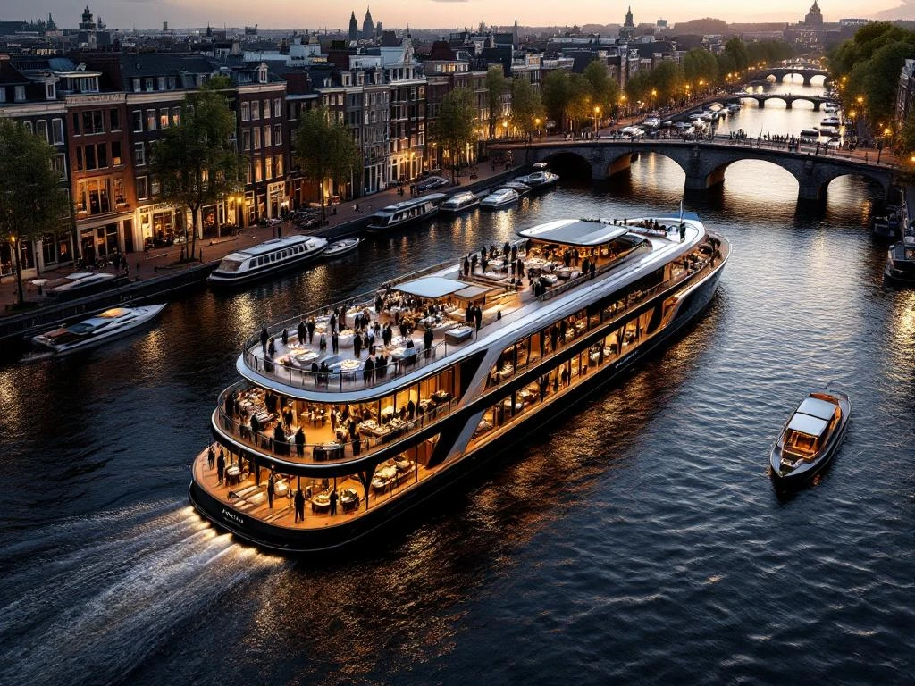 Luxe bedrijfsevenementenboot met zakennetwerking op Amsterdamse grachten tijdens gouden uur met historische huizen