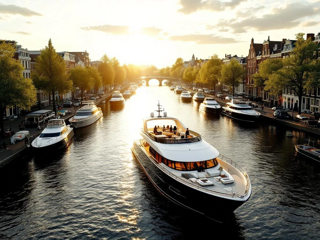 Luchtfoto van Amsterdam grachten met luxe evenementenboten en historische gebouwen tijdens gouden uur