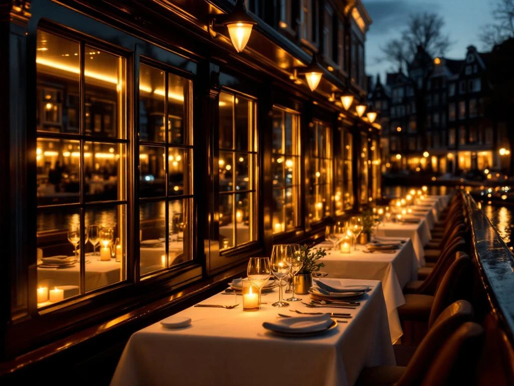 Luxe dinerboot met gouden verlichting op Amsterdamse gracht bij avond, historische grachtenpanden op achtergrond