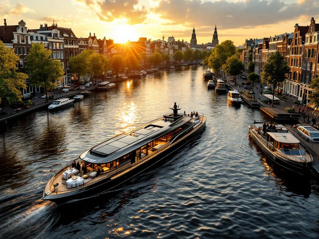Luxe kanaalboot met zakelijke gasten op Amsterdamse grachten tijdens gouden uur, historische grachtenpanden op achtergrond