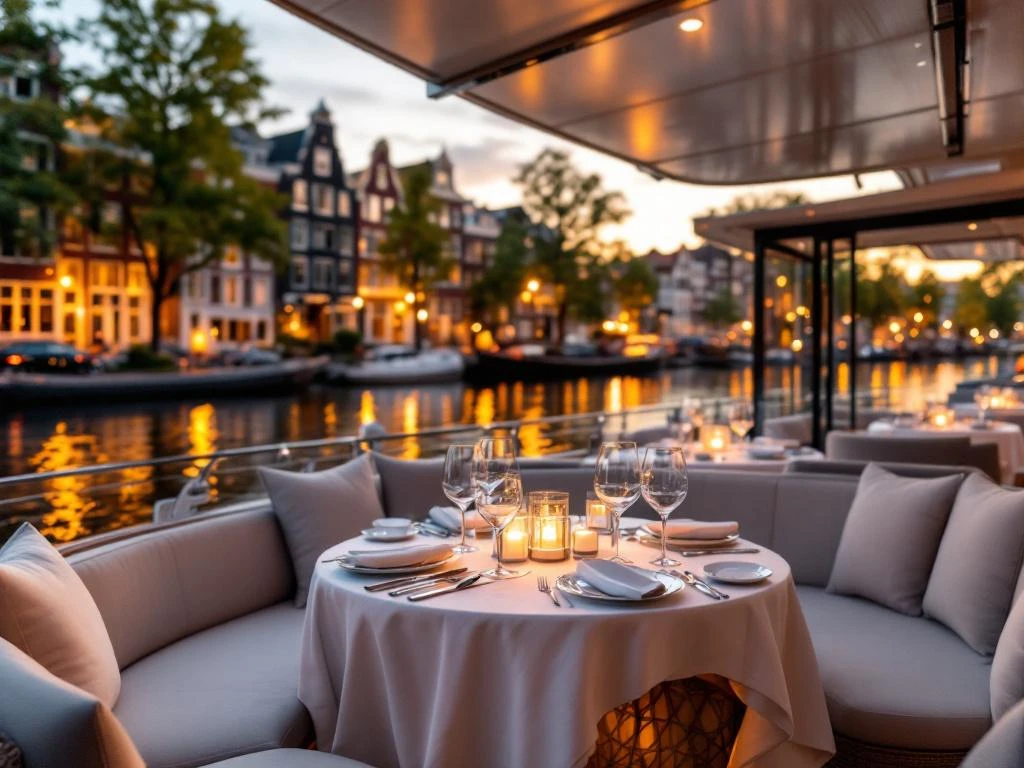 Luxe rondvaartboot met elegante dinertafel vaart door Amsterdamse grachten bij zonsondergang met historische grachtenpanden