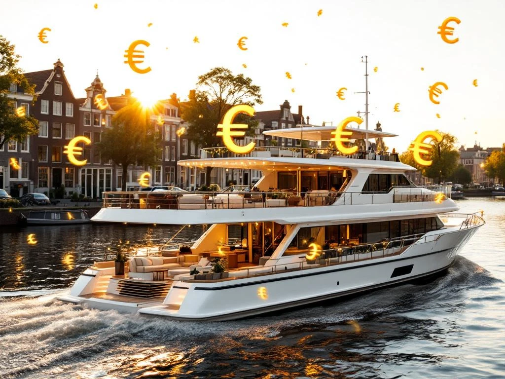 Luxe witte partyboot met meerdere dekken vaart door Amsterdamse grachten tussen historische grachtenpanden bij zonsondergang