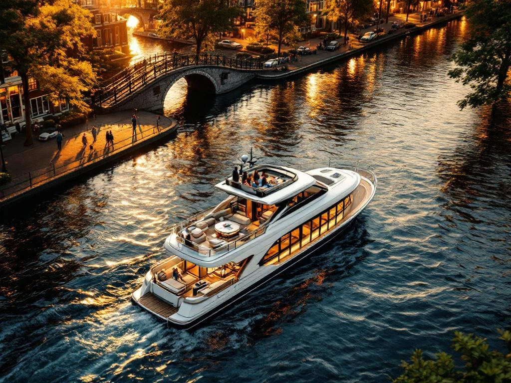 Luxe privéboot op Amsterdamse grachten tijdens gouden uur met historische grachtenpanden en bruggen op achtergrond