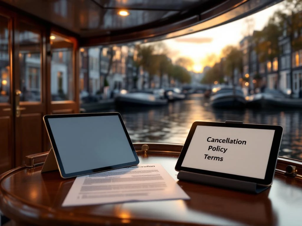 Luxe bedrijfsboot aan Amsterdamse gracht met documenten en tablet op mahoniehout tafel, historische huizen op achtergrond