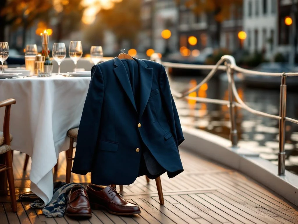 Elegante marineblauwe blazer, leren bootschoenen en zijden sjaal op luxe bootdek tijdens gouden uur in Amsterdam