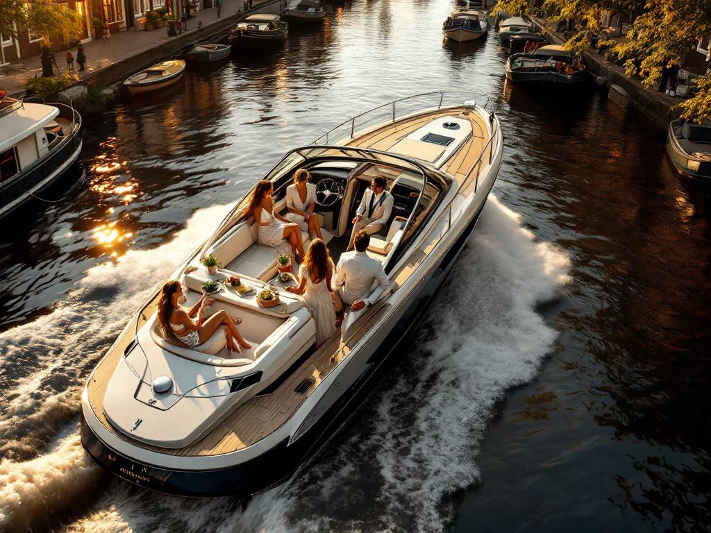 Luxe boot vaart door Amsterdamse grachten bij zonsondergang met stijlvol geklede passagiers en historische huizen