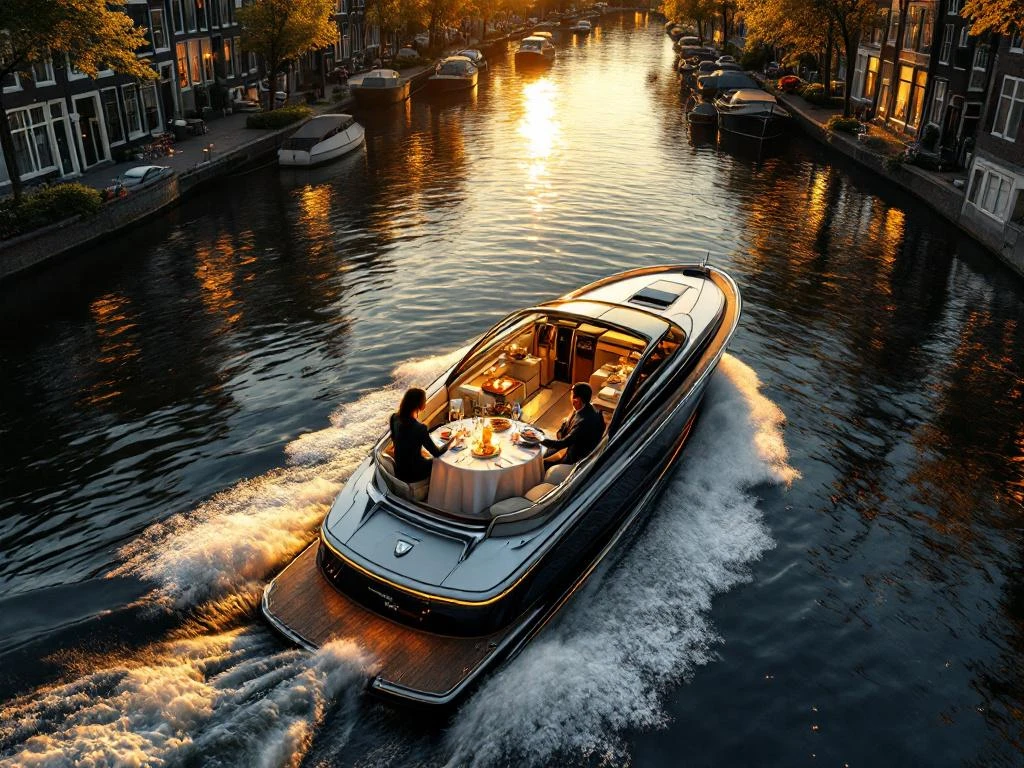 Luxe boot met gedekte tafel vaart door Amsterdamse grachten tijdens zonsondergang met historische grachtenpanden