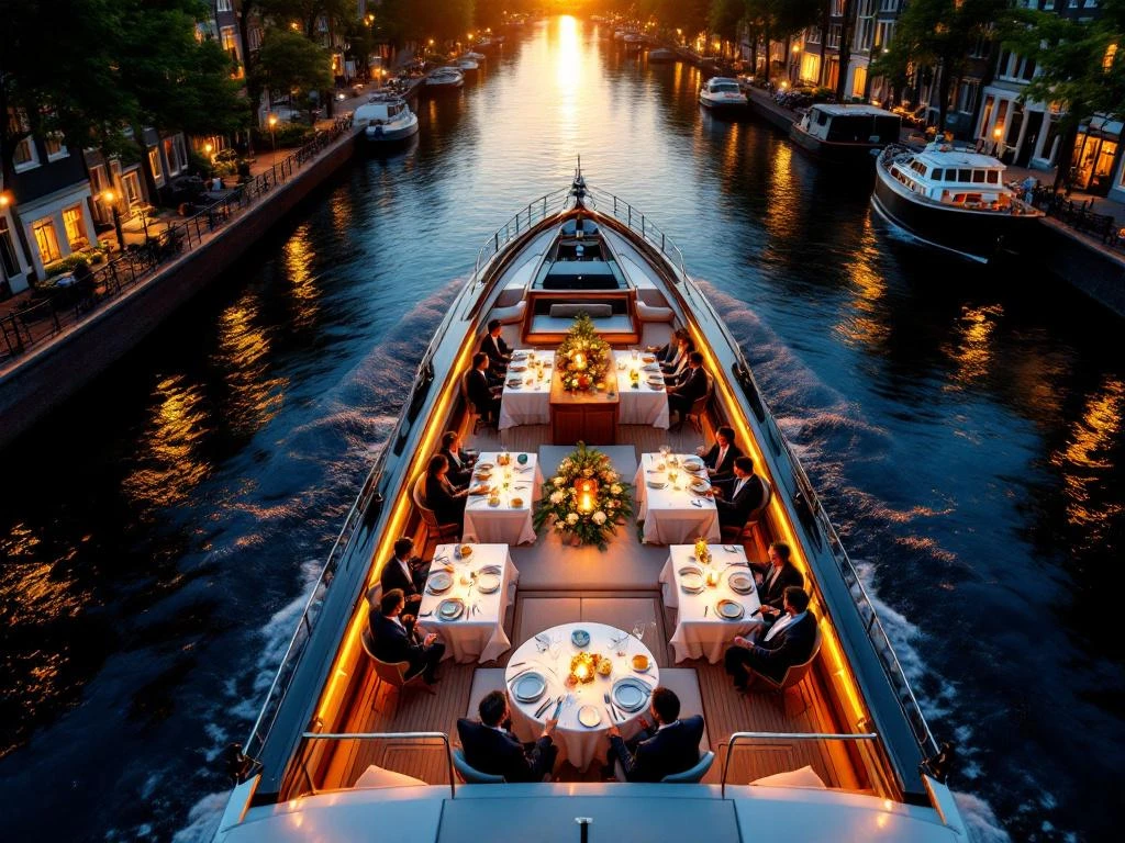 Luxe boot met zakelijke diner op Amsterdamse gracht tijdens gouden uur met historische grachtenpanden op achtergrond