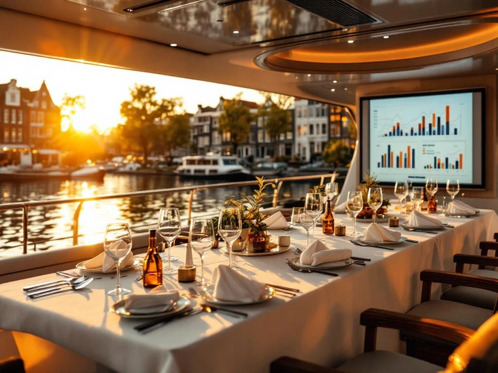 Luxe bootdek met diner opstelling en presentatiescherm op Amsterdamse grachten tijdens gouden uur