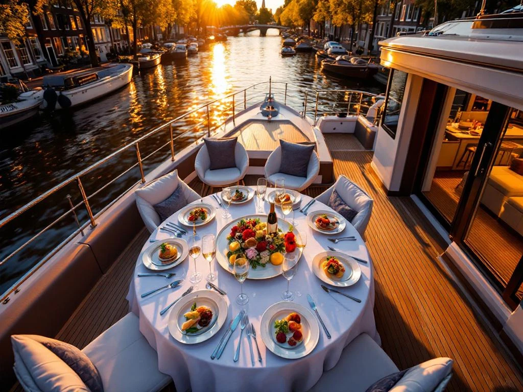 Luchtfoto van elegante dinertafel op luxe boot in Amsterdamse grachten met historische huizen op achtergrond