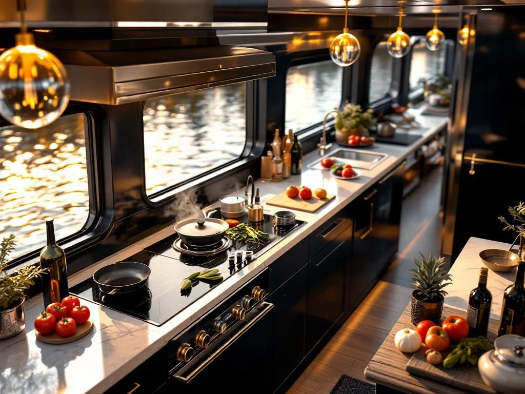 Luxe bootgalley met inductiekookplaat en verse ingrediënten op Amsterdam grachten, historische huizen op achtergrond