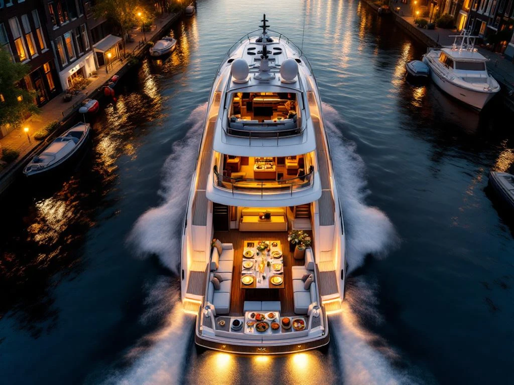 Luxe witte jacht vaart door Amsterdamse grachten met elegante dining setup en historische architectuur bij gouden uur