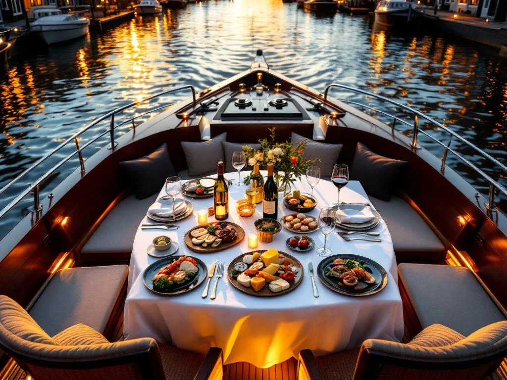 Luxe bootdek op Amsterdamse gracht met zakendiner, gourmet gerechten en wijnselectie bij zonsondergang