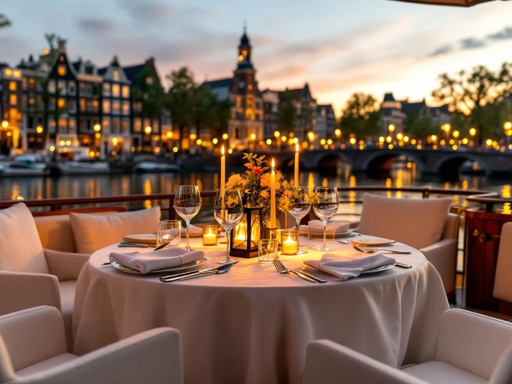 Luxe dinertafel met porselein en kristal op bootdek tijdens gouden uur, Amsterdam grachtenhuizen op achtergrond
