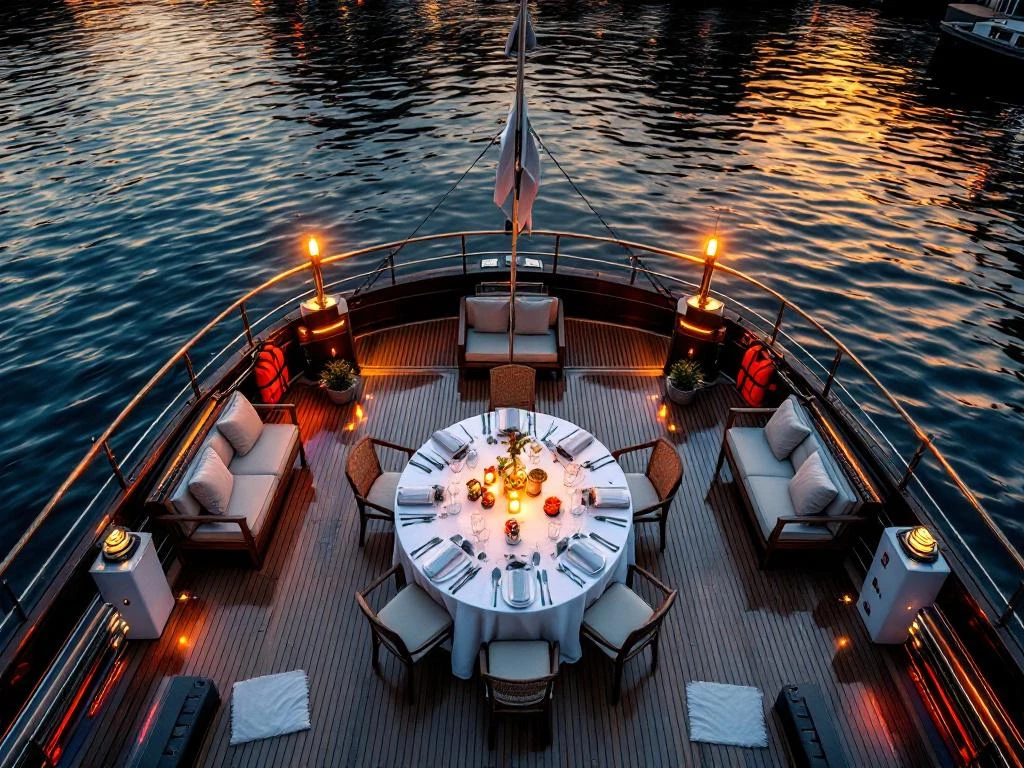 Luxe diner op bootdek in Amsterdamse grachten bij zonsondergang met veiligheidsuitrusting en historische panden