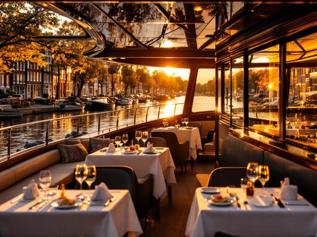 Luxe dinerboot met elegante tafelschikking vaart door Amsterdamse grachten bij zonsondergang met historische panden