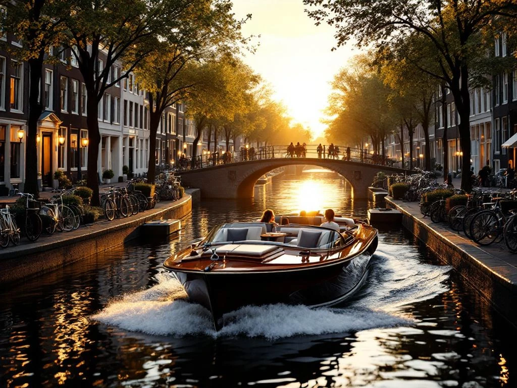 Luxe kanaalboot met houten details vaart door Amsterdamse gracht tussen 17e-eeuwse grachtenpanden bij zonsondergang
