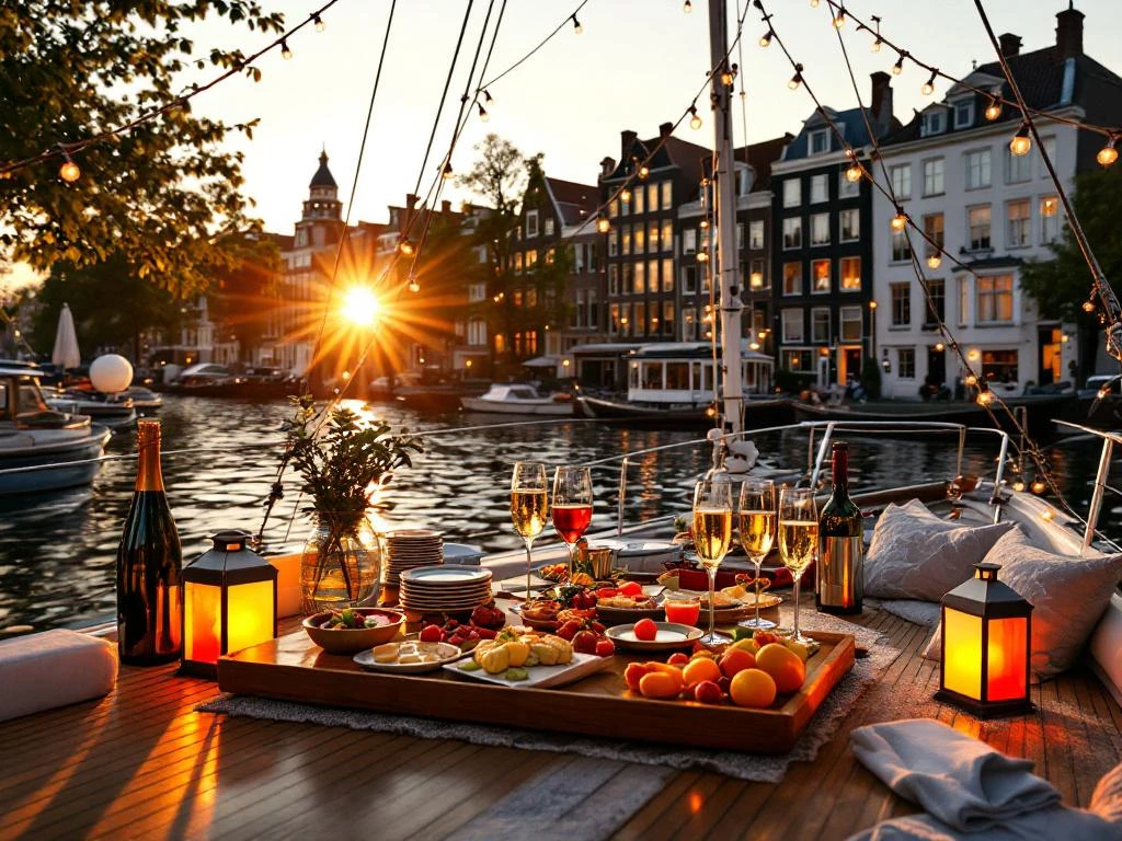 Luxe jachtfeest op Amsterdamse grachten tijdens zonsondergang met champagne, hapjes en historische grachtenpanden