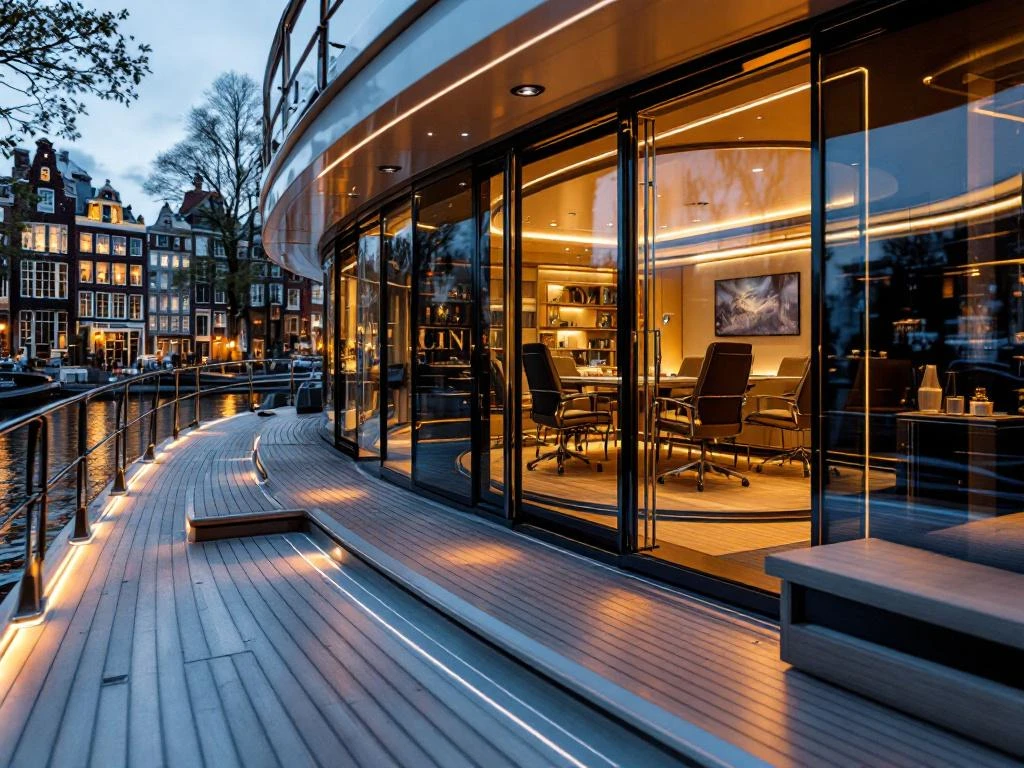 Luxe zakenjacht met glazen vergaderruimte aangemeerd in Amsterdamse gracht met historische grachtenpanden op achtergrond
