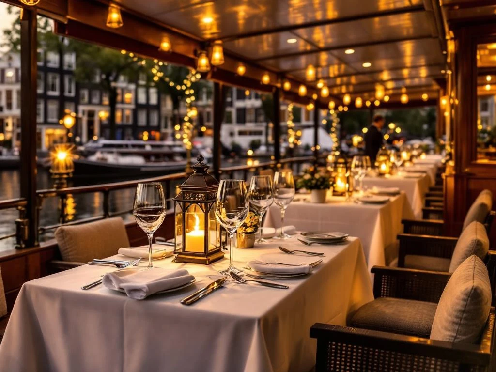 Luxe rondvaartboot met elegante eettafel en kristallen glazen tijdens gouden uur op Amsterdamse gracht