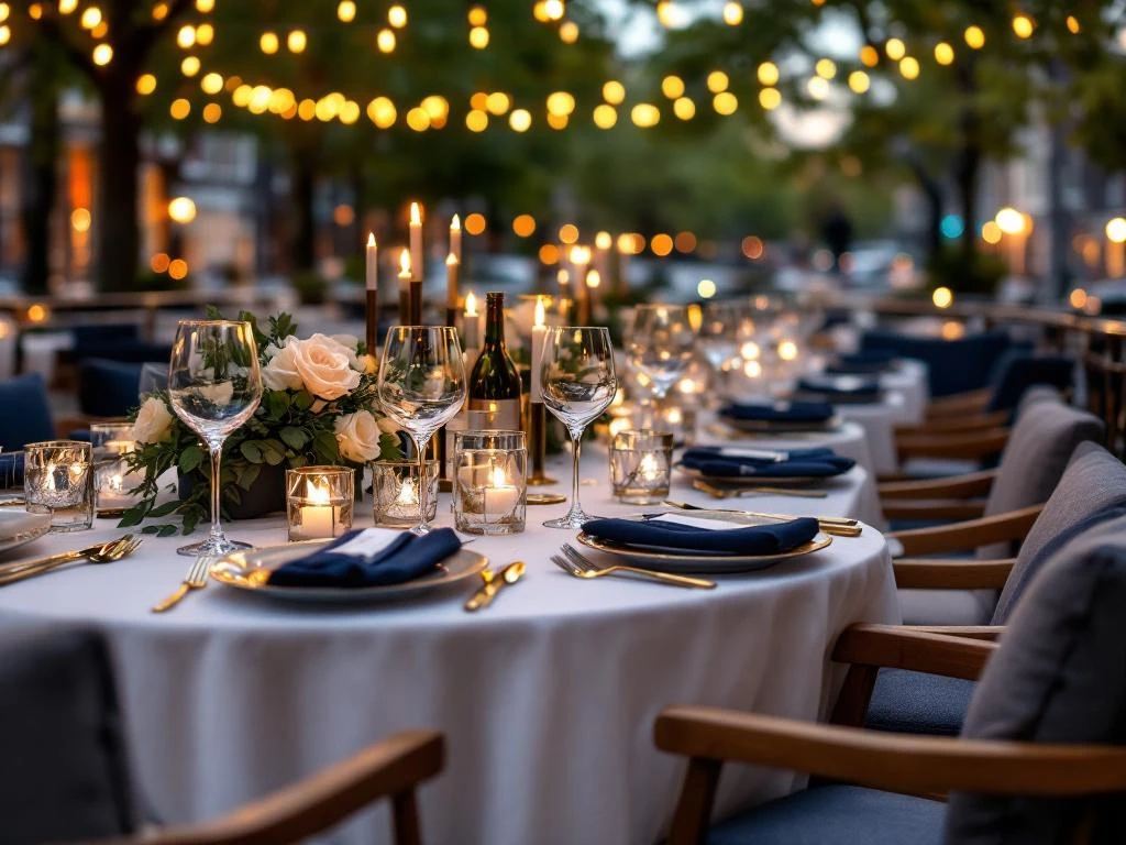 Luxe zakendiner op elegante Amsterdamse rondvaartboot met gedekte tafels, kristal glazen en sfeerverlichting
