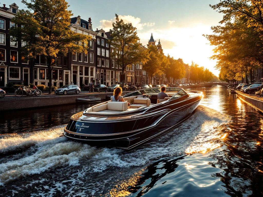 Luxe privéboot vaart door Amsterdamse grachten bij zonsondergang met historische grachtenpanden op achtergrond