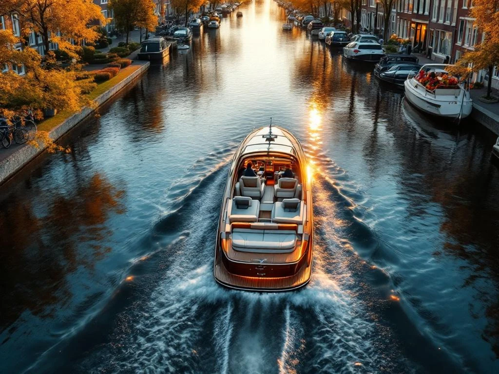 Luxe privéboot vaart door Amsterdamse grachten tussen historische grachtenpanden tijdens gouden uurtje