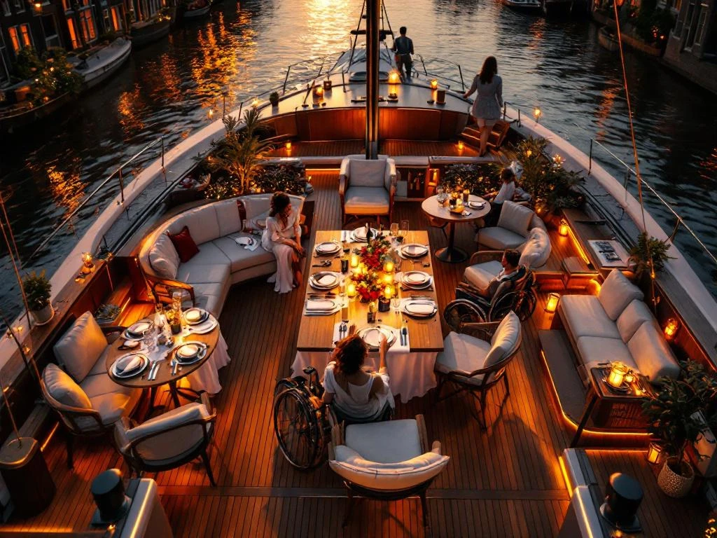 Luxe diner opstelling op boot in Amsterdam grachten met rolstoeltoegankelijke zitplaatsen en hellingen tijdens gouden uur