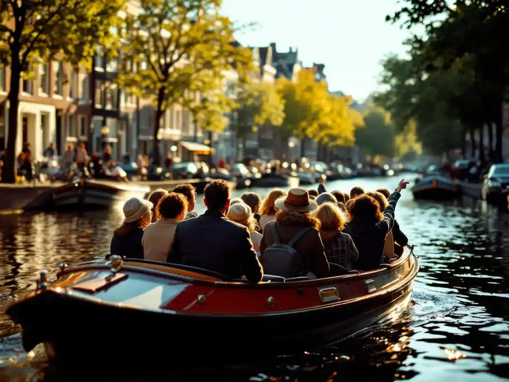 Twelve people on traditional canal boat cruise through Amsterdam's historic waterways with gabled houses in golden sunlight.