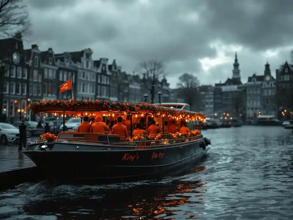 Luxury canal boat with orange King's Day decorations moored in Amsterdam during heavy rainfall with passengers sheltering inside