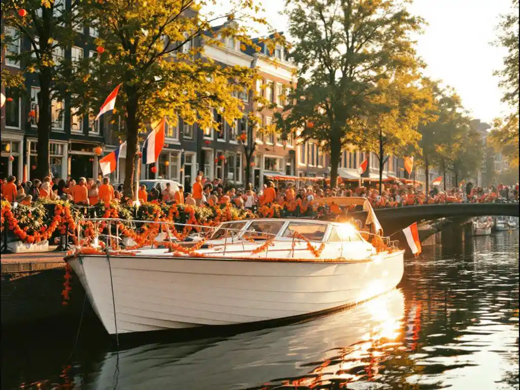 White rental boat moored on Amsterdam canal with orange-decorated historic buildings and celebrating crowds in festive atmosphere