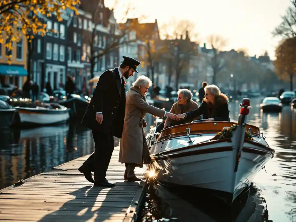 Crew member helping elderly woman board canal boat at wooden dock in Amsterdam with colorful houses reflected in water
