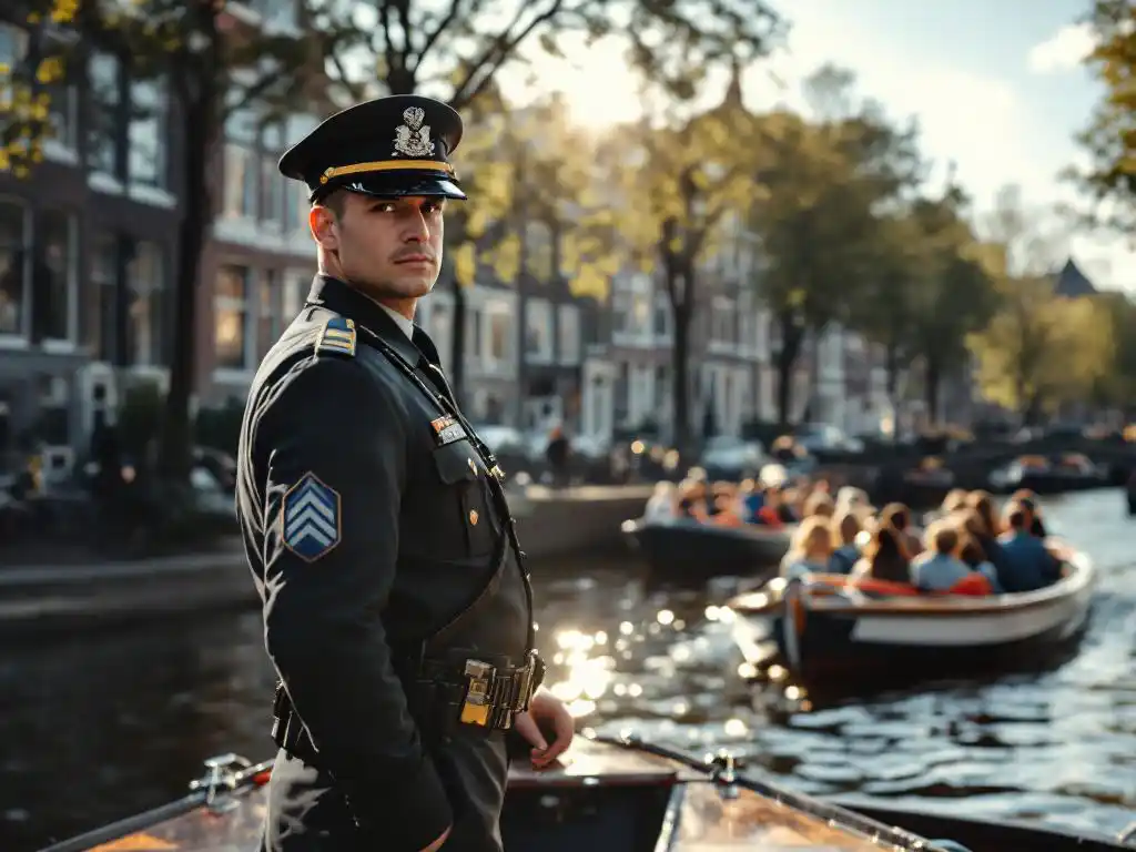 Canal patrol officer in uniform counting passengers on tourist boat from traditional Amsterdam canal boat with historic Dutch gabled houses behind.