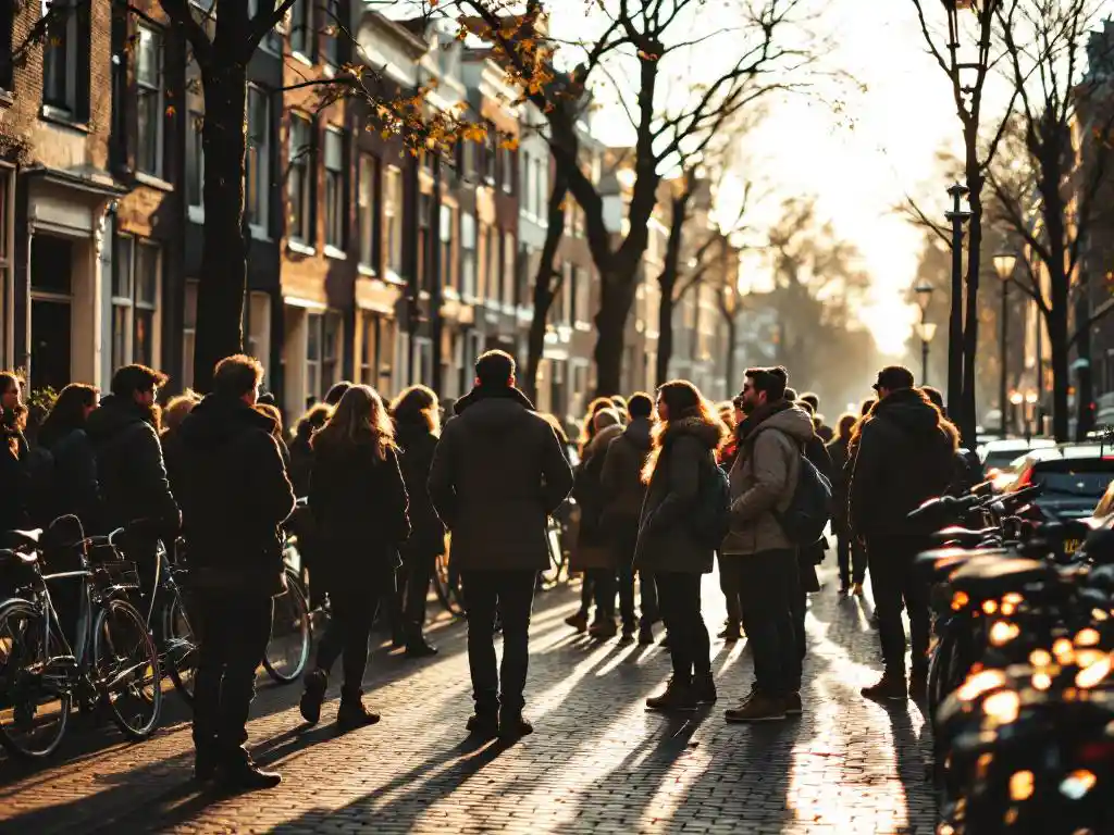 Tour guide gesturing to group of tourists on cobblestone Amsterdam canal street with traditional Dutch houses and bicycles