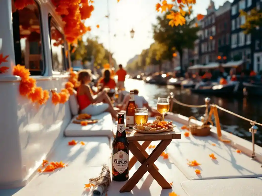 Beer and wine bottles on wooden table with Dutch King's Day snacks on white boat deck, people in orange celebrating in Amsterdam canal
