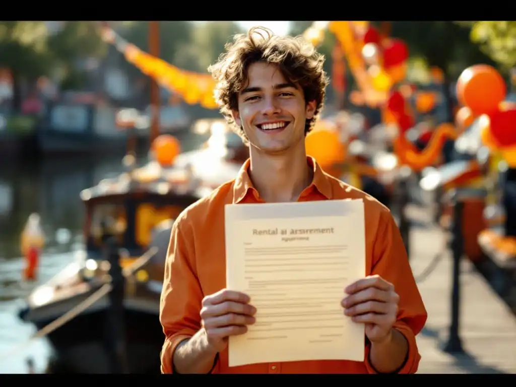 Young adult in orange shirt holds boat rental agreement on wooden dock with festive Dutch canal boats decorated for King's Day