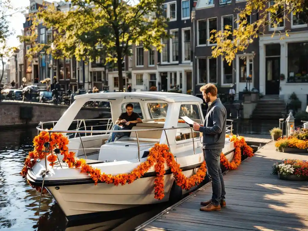 Person reviewing boat rental documents on Amsterdam canal dock with white pleasure boat decorated in orange King's Day bunting