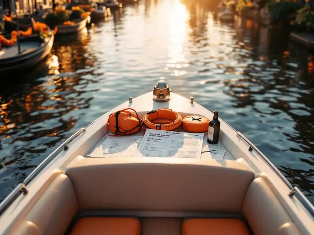 White speedboat with boating license on dashboard floating in Amsterdam canal with historic Dutch houses reflecting in water
