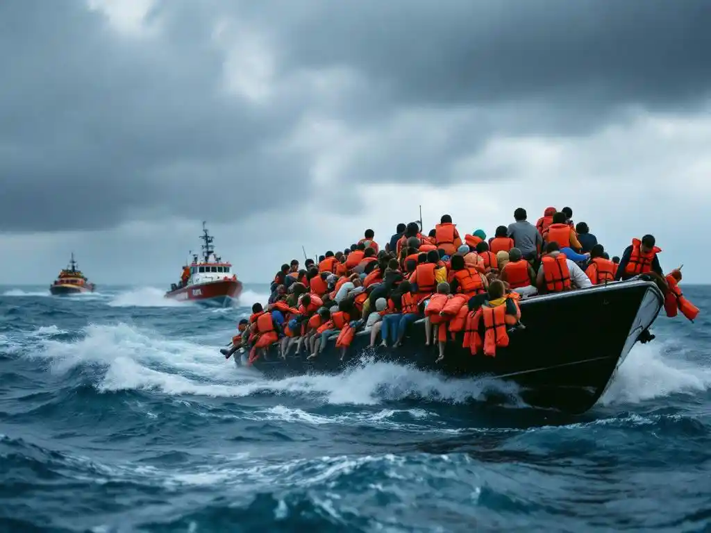 Overcrowded recreational boat listing to one side with Coast Guard vessel approaching in choppy ocean waters under stormy sky.