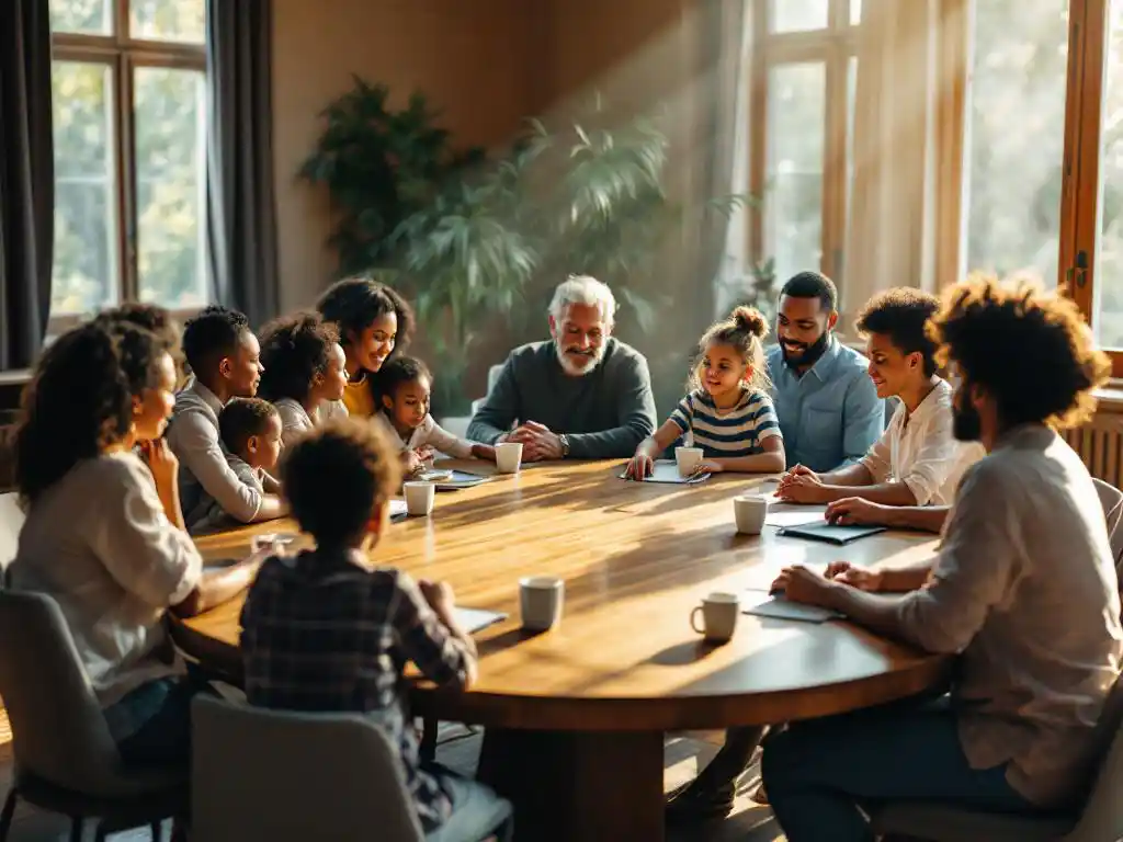 Twelve diverse people including children and adults gathered around wooden conference table in community meeting with natural lighting.