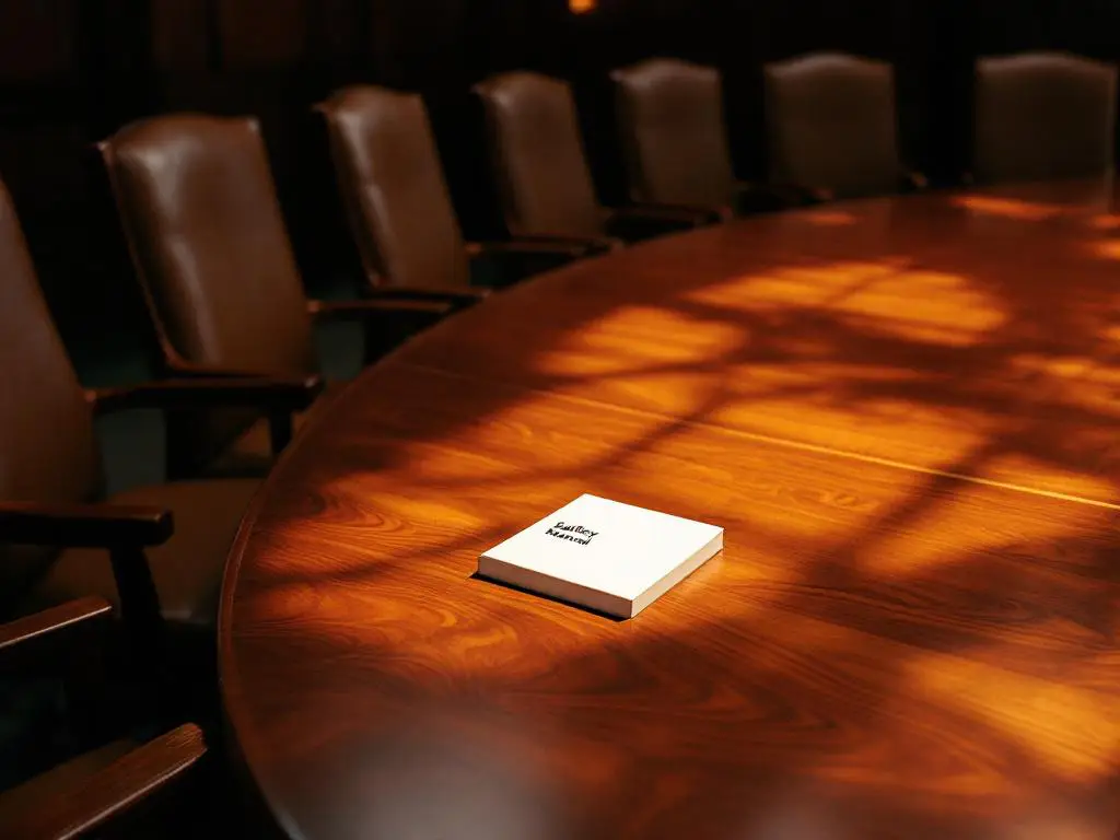 Conference room with twelve wooden chairs around mahogany table, open safety manual in center, one chair pulled out