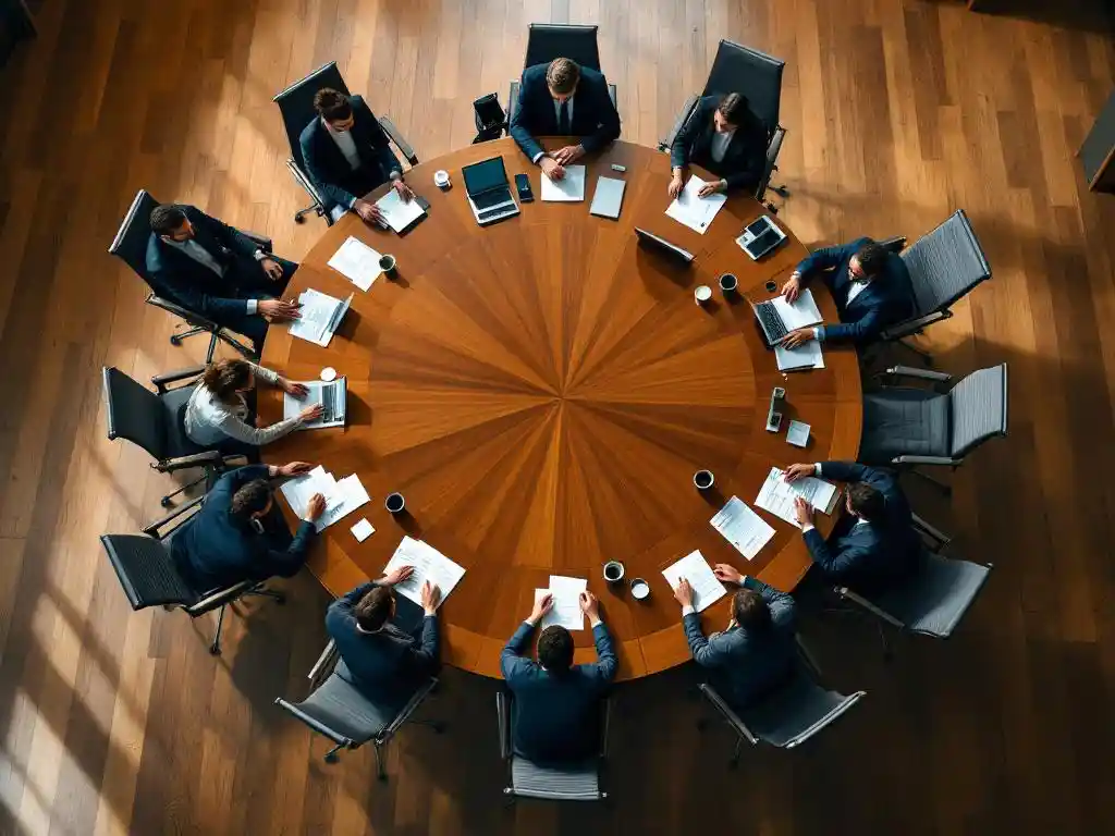 Circular conference table with twelve modern chairs, diverse business professionals in meeting with laptops and papers scattered