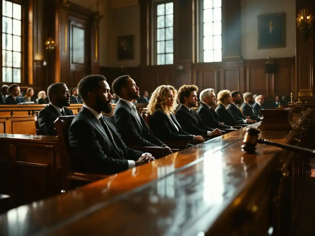 Courtroom jury box with ten diverse jurors seated and two empty chairs, judge's gavel on wooden rail in foreground